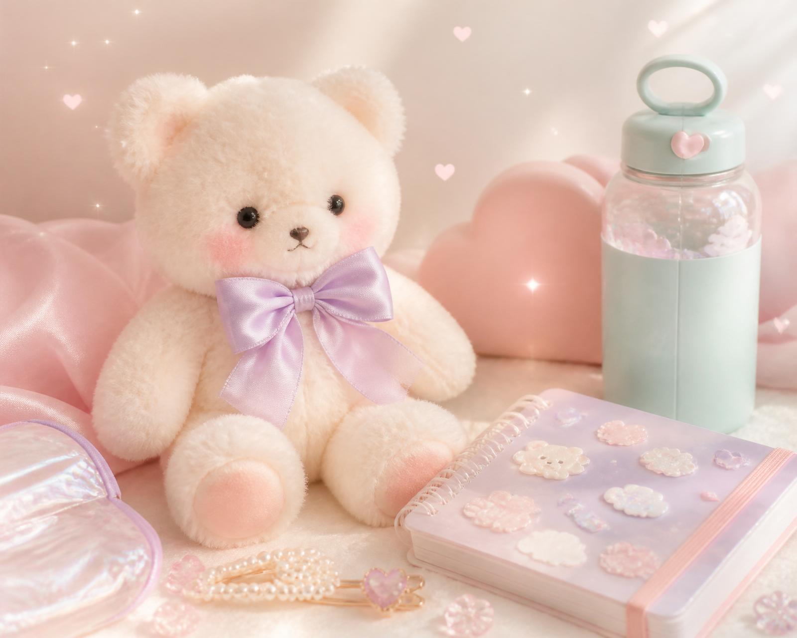 Cute Korean pastel plush toys, water bottle and stationery